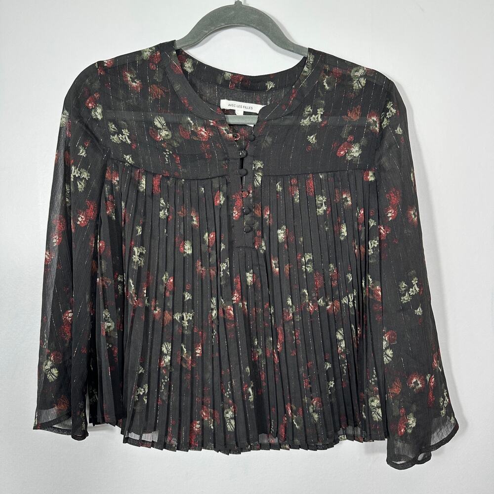 Avec Les Filles‎ Womens XS Black Floral Pleated Sheer Blouse Boho Romantic
